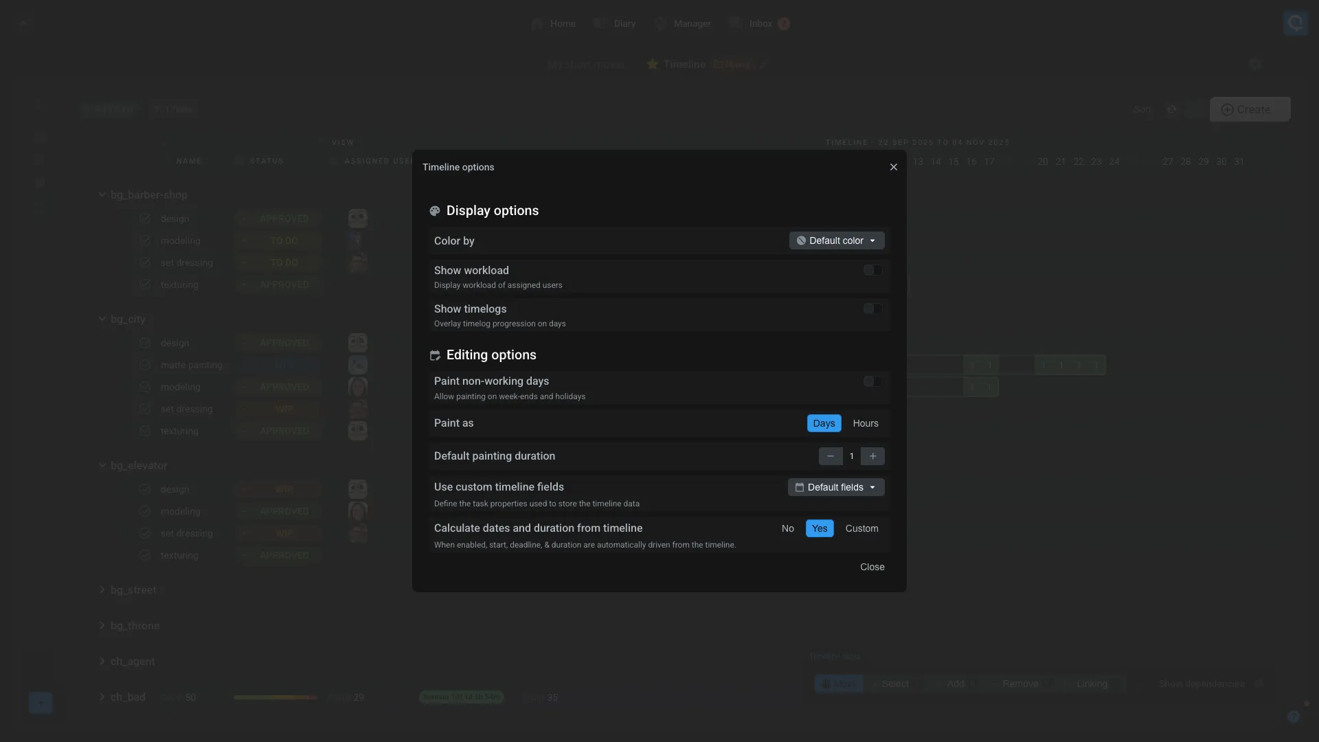 Timeline settings